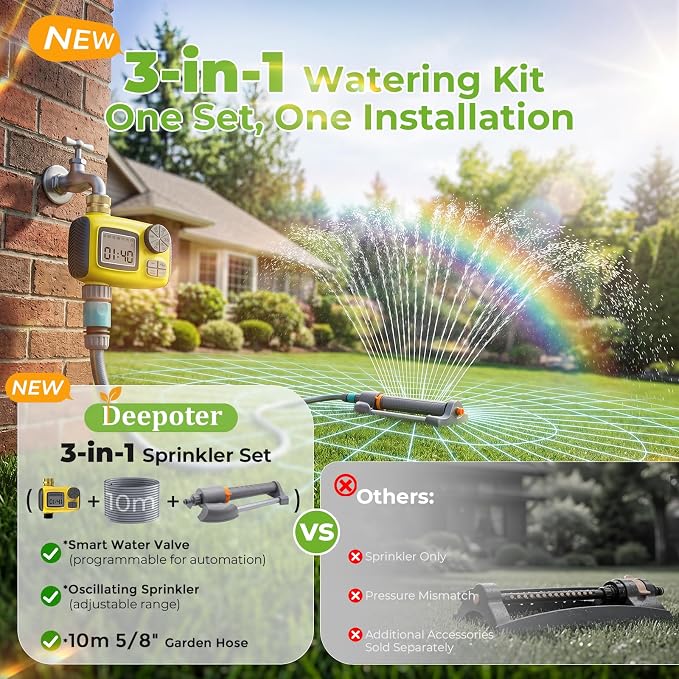 3 in 1 Smart Oscillating Sprinkler System with Timer, 3000 Sq.Ft Lawn Irrigation Kit, 360° Sprinkler, 33FT 5/8" Anti-Kink Hose, Solid Brass Connector for Yard, Lawn, Garden, Raised Bed, Outdoor