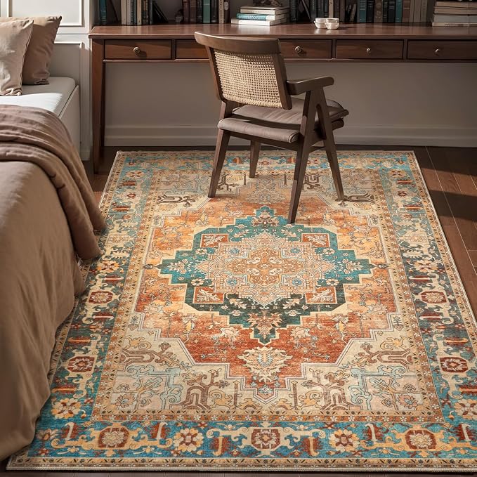 Tangsoo Oriental 4x6 Washable Area Rug for Living Room, Non Slip Rug Orange | Vintage Machine Washable Large Rug Carpet, Boho Soft Low Pile Foldable Indoor Rugs for Dining Room Bedroom Bedside Home Decor