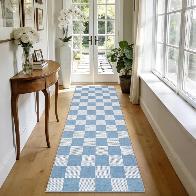 GarveeHome Checkered Blue 2x6 Washable Kitchen Runner Rug Low-Pile Entryway | Light Blue Small Area Rug for Hallway Bedroom Bathroom Non-Slip Stain Resistant Geometric Rugs TPE Backing