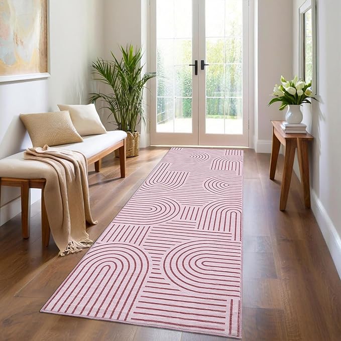 ROYHOME Modern 2x6 Hallway Runner Rug Non Slip Washable Kitchen Rug, Pink | Abstract Bath Mat, Rainbow Geometric Runners Rugs for Bedroom, Soft Long Rugs for Entryway Arch Pattern Bathroom Laundry Dorm
