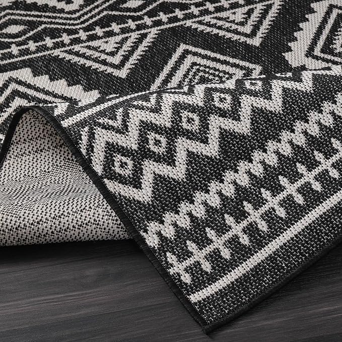 Beverly Rug Waikiki Boho Indoor Outdoor Rug 5x7, Washable Outside Carpet for Patio, Deck, Porch, Bohemian Area Rug, Farmhouse Rugs, Aztec Tribal Rug, Black and White