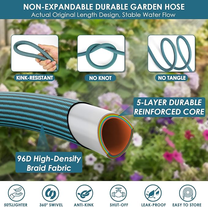 FlexiSolve Garden Hose 150 ft, Non-Expandable Lightweight Water Hose, 360° Swivel Anti-Kink Fittings, 10-Pattern Spray Nozzle & Shut-Off Valve, Flexible Water Hose for Yard, Lawn, Car Wash, Blue