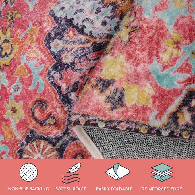 Lahome Bohemian Floral Medallion Area Rug - 2x3 Small Hot Pink Bath Rug Kitchen Sink Mat, Machine Washable Non-Slip Soft Indoor Carpet for Doormat Bedside Apartment Entrance, Fuchsia/Multi