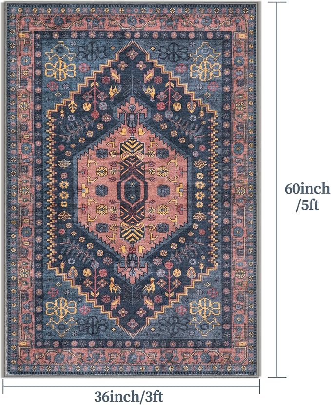 Ciicool Washable 3x5 Area Rug,Boho Non-Slip Indoor Mat for Entryway Kitchen | Oriental Low-Pile Navy Vintage Boho Indoor Entry Carpet for Bedroom Bedside Living Room Laundry Dining Room