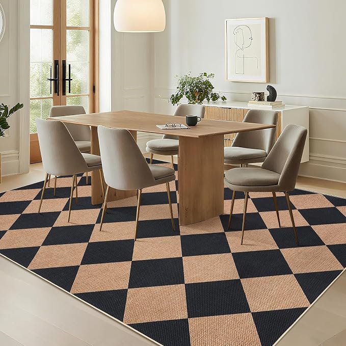 GarveeHome Checkered Easy Jute Area Rug 10x13 Machine Washable Non-Slip Stain Resistant Indoor Outdoor Rugs for Living Room, Bedroom, Kitchen, Dining, Patio Farmhouse Style Black Tan