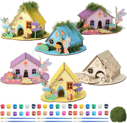 DoubleFill 6 Sets Wooden Fairy House DIY Kit Craft - DIY Fairy Garden with Paints & Decorations - Arts Crafts & Birthday Gift for Craft Activity Party Decor (Lovely Short)
