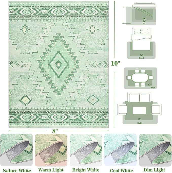 Yinhua Sage Green 8x10 Rugs for Living Room, Western Area Rug Washable | Non-Slip Southwestern Rug Low Pile, Soft Non-Shedding Boho Rugs for Dining Table Office Nursery
