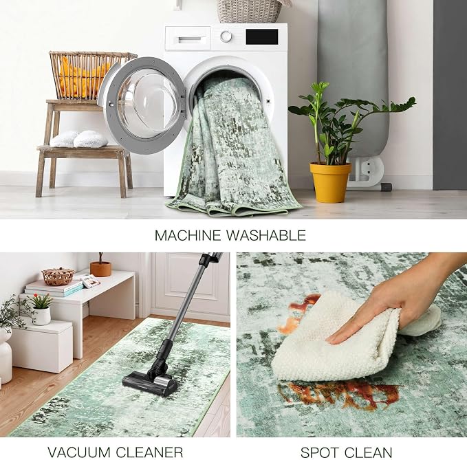 Green Washable Small Area Rug, 2x3 Abstract Non-Slip Door Mat, Modern Low Pile Indoor Entryway Rugs, Stain Resistant Throw Carpet for Front Door, Kitchen, Entry, Inside Entrance