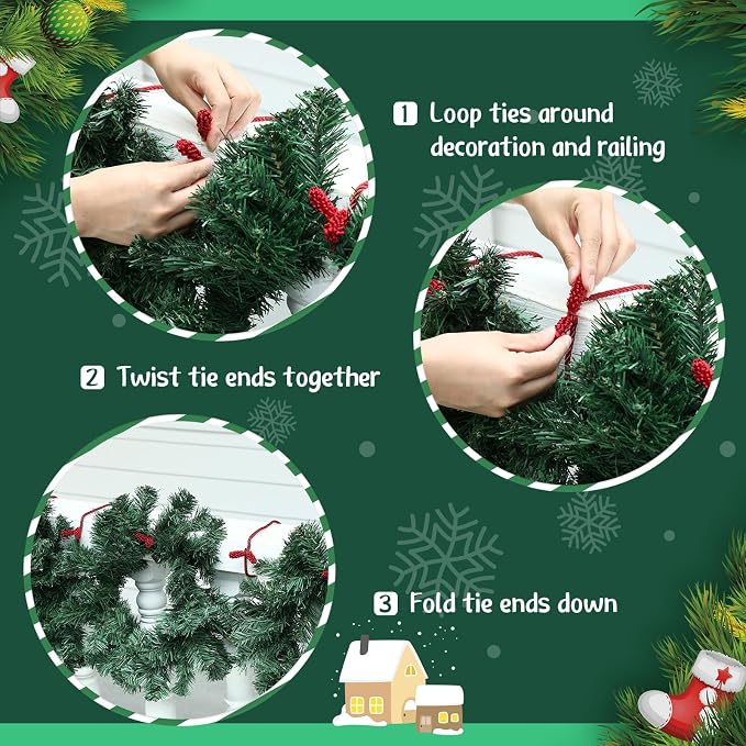 Zhengmy 24 Pcs Christmas Garland Ties Extra Long 30'' 25'' 20'' Red Decorative Twist Tie for Banister Reusable Flexible Twist Tie for Garland Stairway Railing Home Xmas Holiday Decor