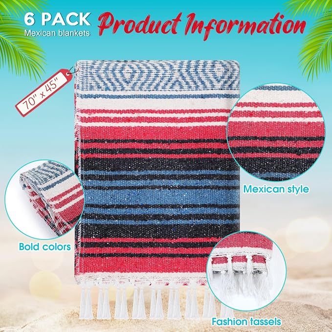 Oudain 6 Pack Mexican Blankets 45 x 70 Inch Woven Serape Throw Blanket, Baja Yoga Blanket for Beach Picnic Camping Boho Couch Decor Travel Outdoor (Retro Color)