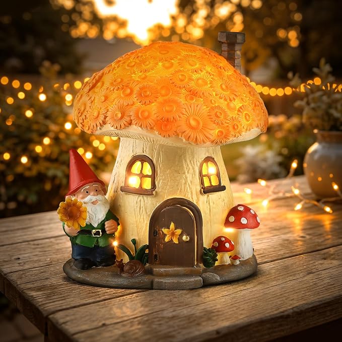 7.48" Mushroom House Garden Statue with Solar Light, Sunflower and Snail | Whimsical Outdoor Garden Decor for Lawn, Balcony, Patio, Porch and Yard, Charming Housewarming Gift for Garden Lovers