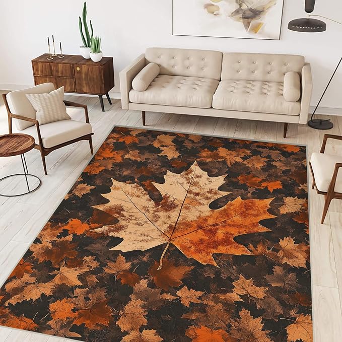 5x7 Maple Leaf Area Rugs Boho Maple Leaf Autumn Fall Vintage Rug for Living Room Indoor Soft Non-Slip Thin Carpet Modern Abstract Rugs for Dining Room Office Bedroom Under Table Washable Machine