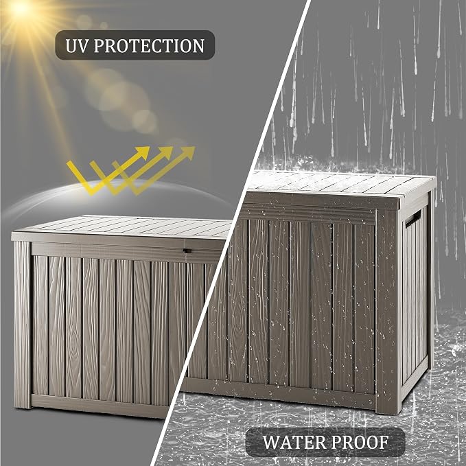Outdoor Storage Box, 180 Gallon Waterproof Deck Box, Piston-Lift Tall Standing Cabinet for Oversized Cushions, Lockable Deep Tool Organizer Storage Bench, Large Lawn, Grey