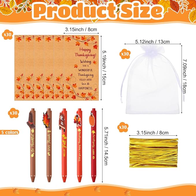 Marspark 30 Sets Thanksgiving Gifts Bulk Fall Ballpoint Pens and Thanksgiving Greeting Cards with Bags Twist Ties Autumn Maple Leaves Pumpkin Turkey Gifts for School Office Coworker Employee Favor
