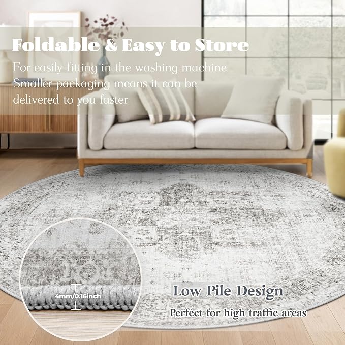 Round Rugs 6ft Washable Rug, Vintage Boho Medallion Rugs Non-Slip Soft Low Pile Circle Distressed Rug Indoor Retro Carpet for Living Room Bedroom Dining Room Home Office (Grey, 6' Round)
