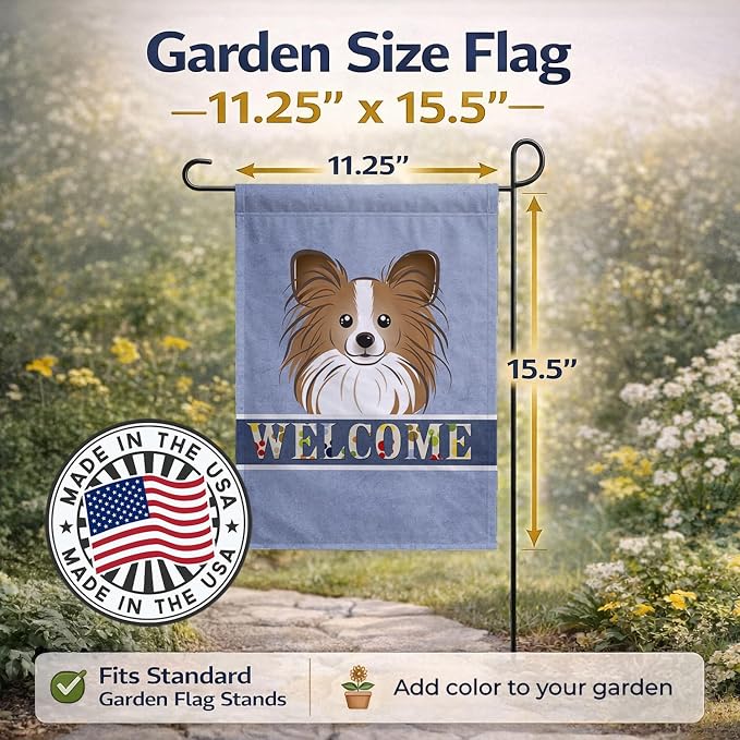 Caroline's Treasures BB1434GF Papillon Welcome Garden Flag, Blue Mailbox Flag Decorative Yard Flag Banner Outside Patio Artwork Yard Flower Beds, Garden Size, Multicolor