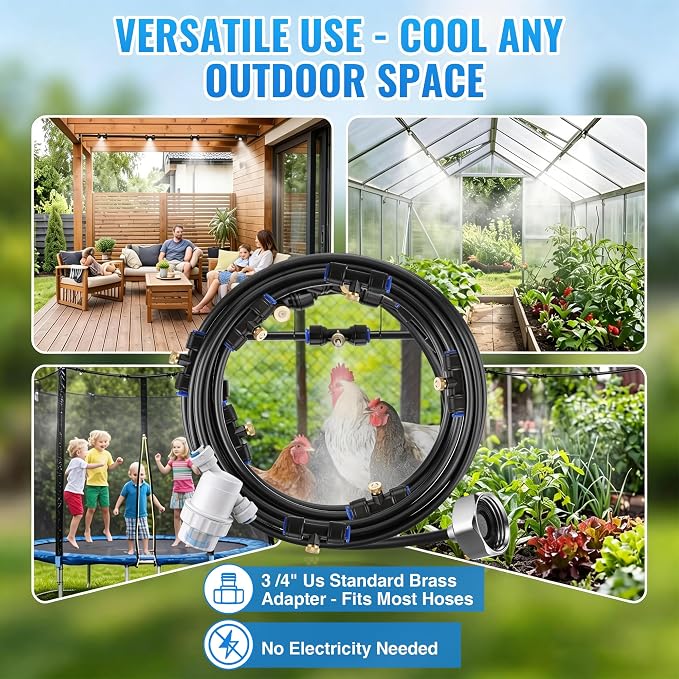 Dreyoo Misters for Outside Patio, 20FT Chicken Coop Misting Cooling System with 10 Brass Nozzles & Fliter & 3/4" Adapter, Outdoor Misting System for Garden, Greenhouse, Trampoline & Canopy