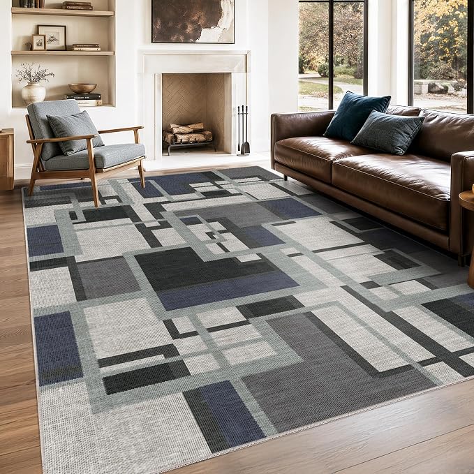 Modern Geometric 8x10 Area Rugs for Living Room, Slate Blue Washable Rug | Blue Grey Patchwork Blocks Non-Slip Indoor Carpet for Bedroom Dining Room | Contemporary Abstract Soft Low-Pile Large Rug