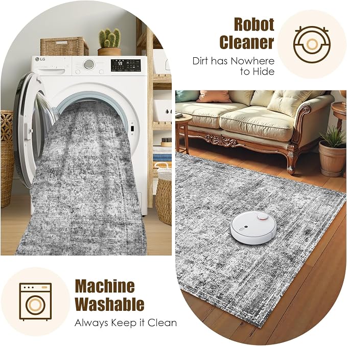 Washable Area Rug 3' x 5 ' Vintage Traditional Persian Mat - Foldable Distressed Non-Slip Machine Washable Carpet for Living Room Bedroom Kitchen Home Decor - Graphite and Mist