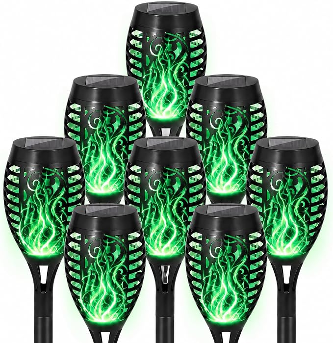 Solar Torch Flame Lights, Flickering Flame LED – Waterproof Solar Garden Lights for Patio, Yard, Pathway, Landscape & Backyard Décor (Green-8 Pack)