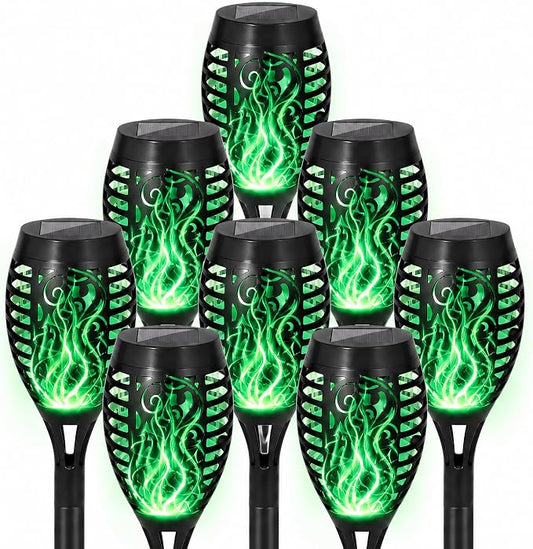 Solar Torch Flame Lights, Flickering Flame LED – Waterproof Solar Garden Lights for Patio, Yard, Pathway, Landscape & Backyard Décor (Green-8 Pack)