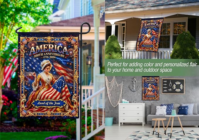250 Years America Garden Flag, 250th Anniversary Usa Flag, American 250th Anniversary Patriotic Design, Garden Flags For Outside, Land of The Free 7 (12x18 Inch)