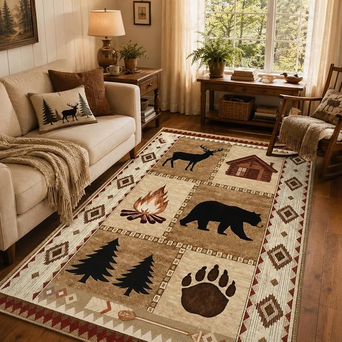 Cabin Bear Lodge Area Rug 3x5 Rustic Deer Wildlife Western Rug Country Farmhouse Machine Washable Non-Slip Printed Low-Pile Indoor Carpet for Entryway Living Room Bedroom Dining Room