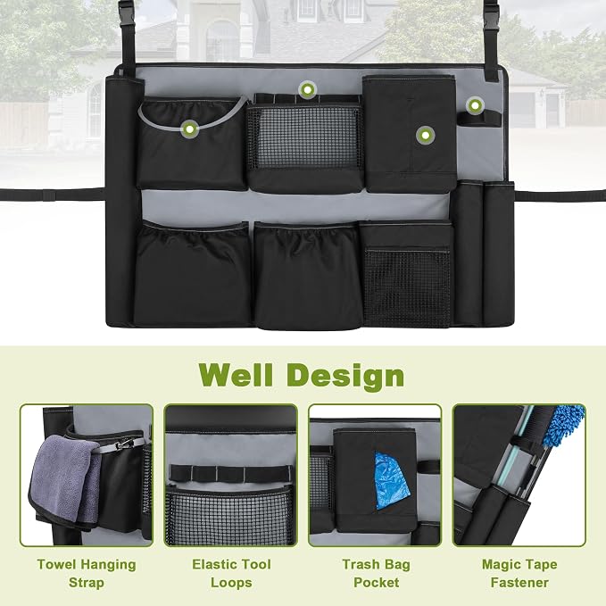 HODRANT 32-55 Gallon Trash Can Caddy Bag with Multi Pockets for Clean Tools | Garbage Bin Apron Caddy, Cleaning Tool Organizer with Adjustable Buckle for Janitorial Trash Can, Black+Gray