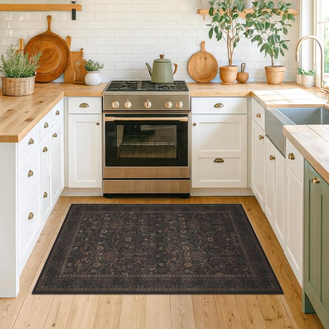 Rustic Brown 3x4 Large Washable Entryway Rug Indoor - Stain Resistant Kitchen Sink Floor Mat Non Slip, Dark Floral Pattern Cabin Area Rug for Bedroom Beside Bed, Mudroom