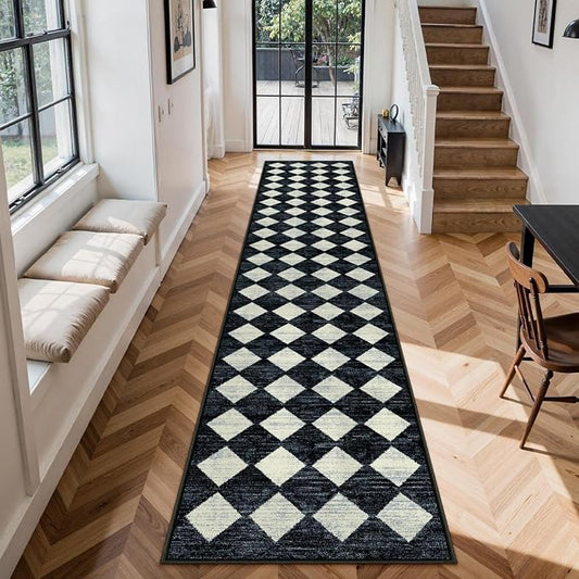 Lahome Zelie Checkered Washable 2x12 Runners for Hallways Non Slip, Black Kitchen Bathroom Runner Rugs, Modern Trellis Ultra-Thin Indoor Carpet Runner for Bedroom Dorm Classroom Decor (2'x12',Black)