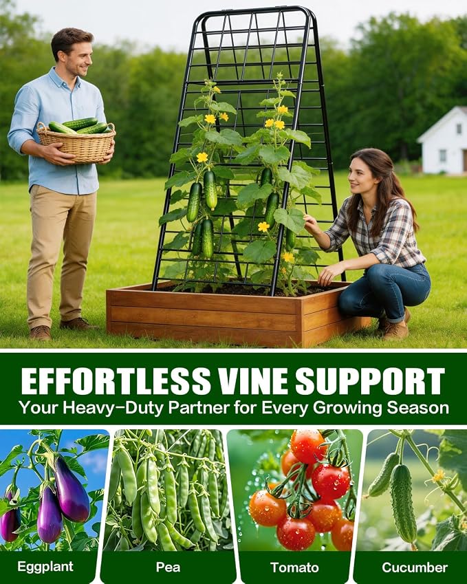 Breeze Touch 1 Pack Heavy Duty Adjustable A-Frame Cucumber Trellis for Climbing Plants, All-Metal Garden Trellis with Dense Grid Climbing Frame for Raised Beds, Tomatoes, Cucumbers & Outdoor Vines