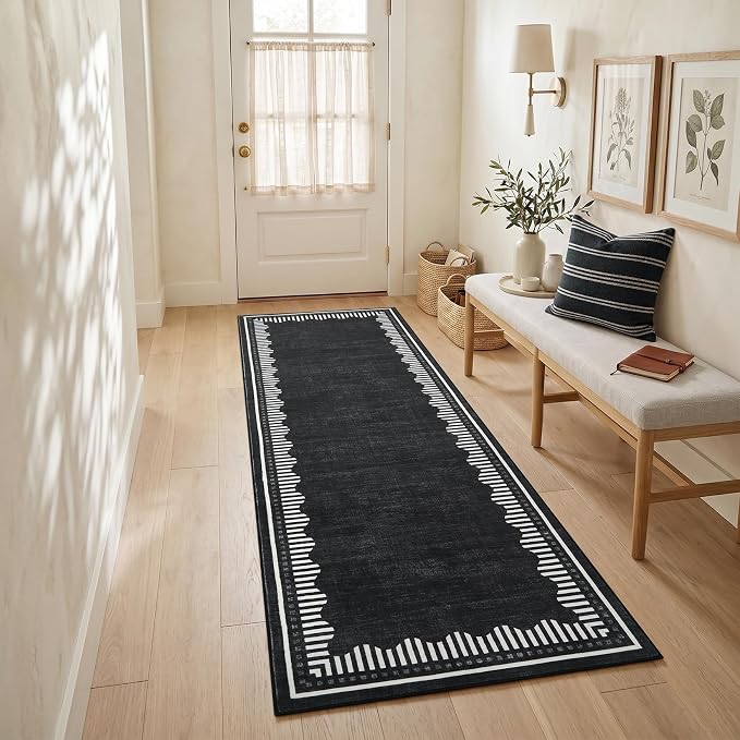 Garvee Washable Hallway Runner Rug 2x6 Non Slip Neutral Scalloped Runners | Black Low Pile Stain Resistant Kitchen Runner Mat Solid Color Modern Geometric Living Room Bedroom Nursery Entry Area Rugs
