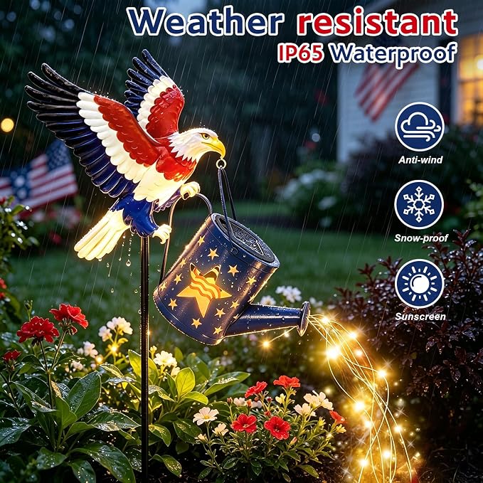 4th of July Decorations Outdoor Solar Eagle Watering Can Lights, 36 LED Solar Lights Outdoor Decorative Waterproof Metal Patriotic Garden Decor for Memorial Yard Art Patio