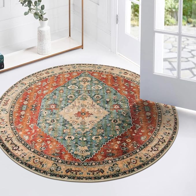 Lahome Felice Boho Tribal Round Rugs - 3Ft Small Entryway Round Area Rug Soft Bedroom Foyer Throw Mat Washable Non-Shedding Non-Slip Sofa Nursery Bathroom Carpet,Rust/Dull Teal
