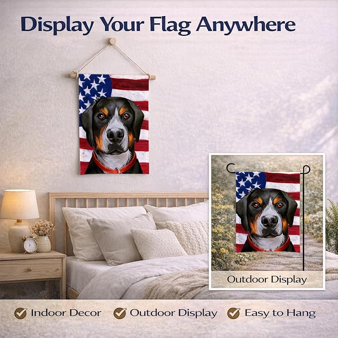 Caroline's Treasures CK6548GF Greater Swiss Mountain Dog American Flag Garden Flag Mailbox Flag Decorative Yard Flag Banner Outside Patio Artwork Yard Flower Beds, Garden Size, Multicolor