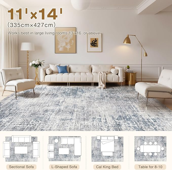 kakania Abstract 11x14 Area Rugs for Living Room: Washable Rugs Blue Grey | Soft, Non-Slip, Low-Pile, Pet & Kid Friendly - Large Modern Home Decor Carpet for Bedroom/Dining Room/Office/Nursery