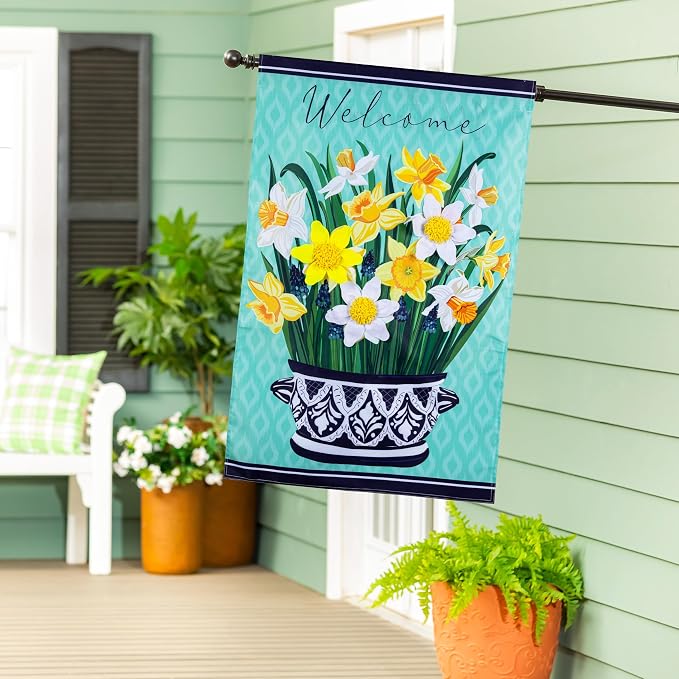 Evergreen Delft Daffodil Applique House Flag 44x28 Double Sided, Welcome Spring Flags For Outside House, Front Door, Garden, Yard