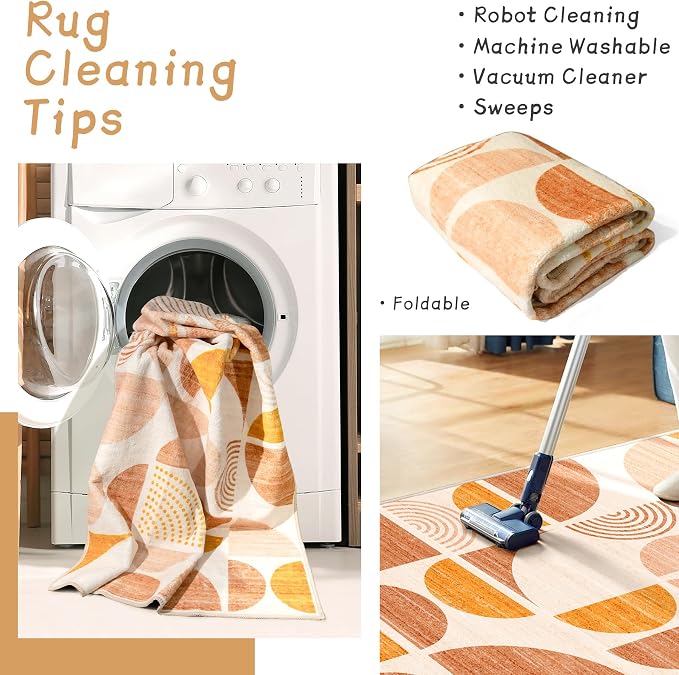Boho Rug Washable,4x6.5 Area Rugs for Bedroom Living Room Bedside Office,Throw Floor Carpet Non Slip Soft Indoor Modern Abstract Bohemian Orange