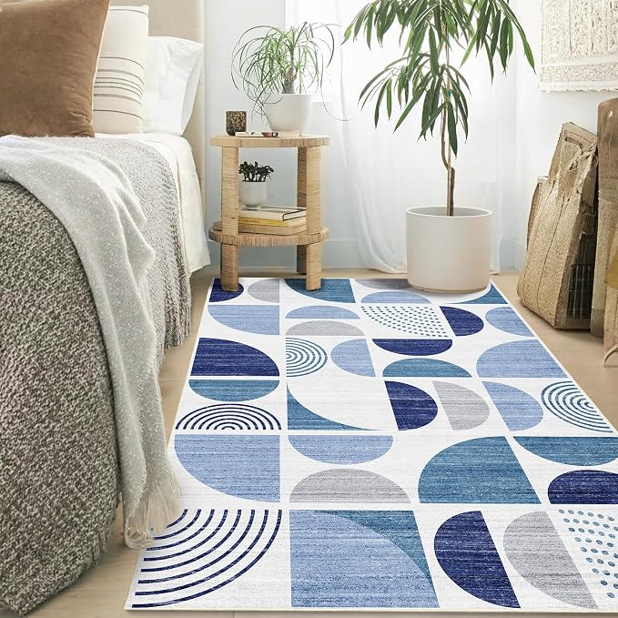 3x5 Rug Washable,Blue Boho Area Rugs Small Non Slip Modern Abstract | Machine Washable Throw Carpet for Bedroom Entryway Living Room Bedside Soft Low Pile Floor Indoor Bohemian Navy Blue