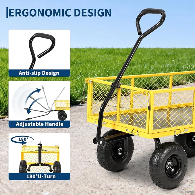 900 Lbs Heavy Duty Steel Garden Cart, Garden Wagon Cart on Wheels, Outdoor Metal Yard Utility Wagon Carts with and Mesh Removable Sides and 180°Rotating Handle,Red