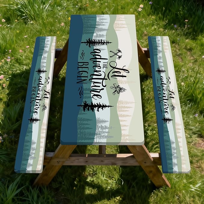 Picnic Table Cover with Bench Covers, Rectangle Tables, Waterproof Elastic Fitted Tablecloths for 6 Foot, Washable Tablecloth for Camping, Outdoor (Green, 30"x96")