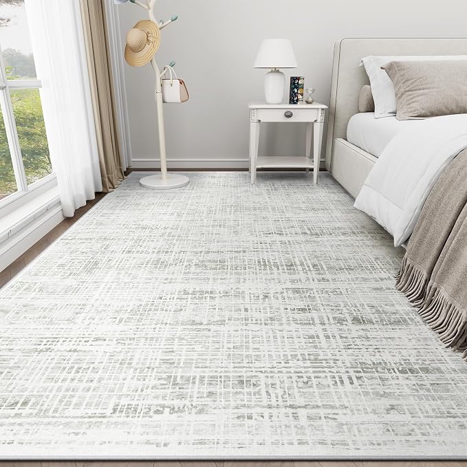 10x14 Washable Area Rug for Living Room Bedroom: Non-Slip Modern White Gray | Machine Washable TPR Backing, Stain-Resistant Low Pile, Pet & Kid Friendly, Abstract Decor for Dining Room, Dorm, Home Office