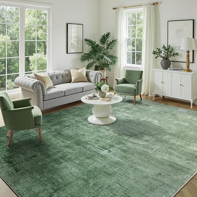 DCX Washable Abstract Area Rug 8x10, Non Slip Low Pile Rug, Green | Easy to clean, non-shedding, soft, kid & pet friendly, with a non-slip rubber backing for living rooms, bedrooms, and offices