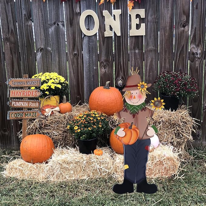 YEAHOME Fall Decorations Outdoor, Metal Boy Scarecrow Garden Stakes with Pumpkin & Sunflower for Fall Decor, Scarecrow Yard Signs for Outside Garden Lawn Porch Thanksgiving Decorations Outdoor