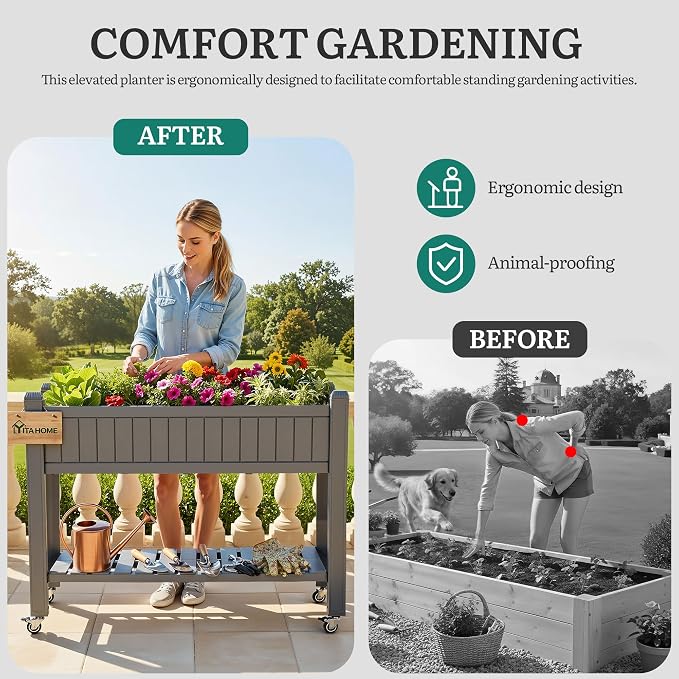 YITAHOME 43.3x17.7x34 in Elevated Garden Bed, Outdoor Plastic Planter Box with Wheels, Legs, Drain Plug, and Storage Shelf for Plants, Vegetables, Flowers, Herbs, Light Brown