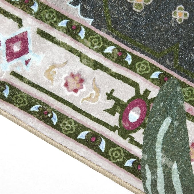 Oriental Tropical Entryway Rugs Washable, Greyish Green Boho Vintage Distressed Hippie 2x3 Throw Rugs for Bathroom Kitchen Entryway Indoor Non-Slip Abstract Botanical Tribal Accent Carpet