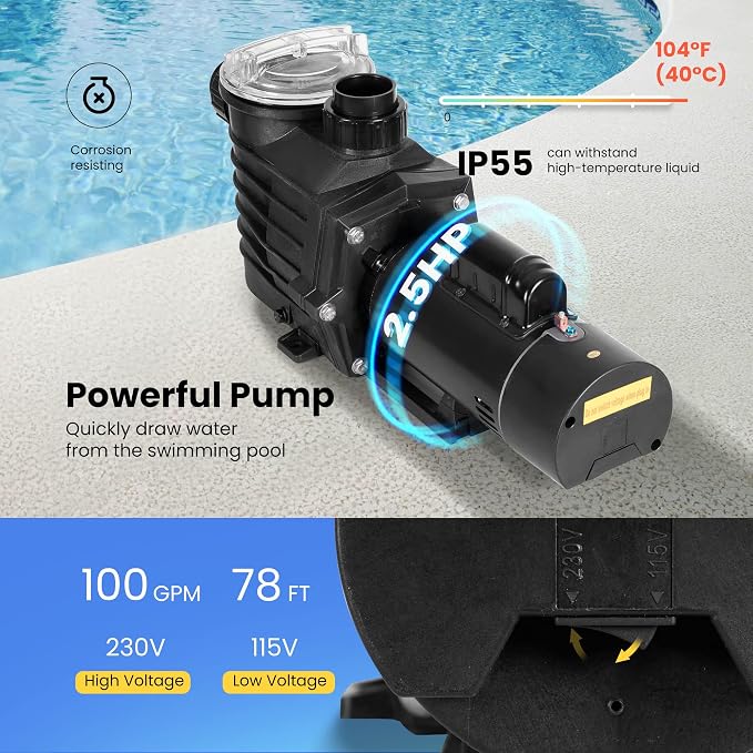 VIVOHOME 2.5HP Dual Voltage Pool Pump, High Lift 78FT Self-Priming, DOE Energy Saving, 1.5" & 2" Connectors w/Strainer Basket for In/Above Ground Pools