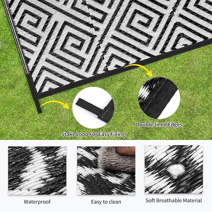 Outdoor Patio Plastic Straw Rug - 8x10 ft Outdoor Camping Rug Waterproof Reversible, Area Carpet Patios RV, Outside Porch Balcony Deck for Camper, Stripe White Black