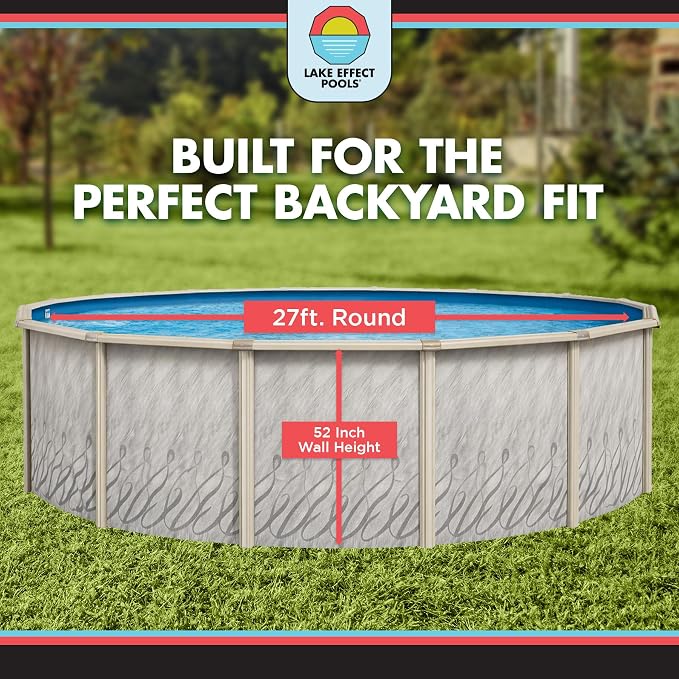 Lake Effect Pools 'Meadows' 27 ft Round Above Ground Swimming Pool | 52 Inch Steel Side Walls | Kit Includes: 25 Gauge Overlap Liner & Widemouth Skimmer