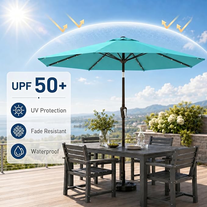 10FT Solar Patio Umbrella with Lights, Outdoor Table Market Umbrella with 32 LED Lights, 8 Sturdy Ribs, Push Button Tilt and Crank for Pool, Deck and Garden, UV-Resistant